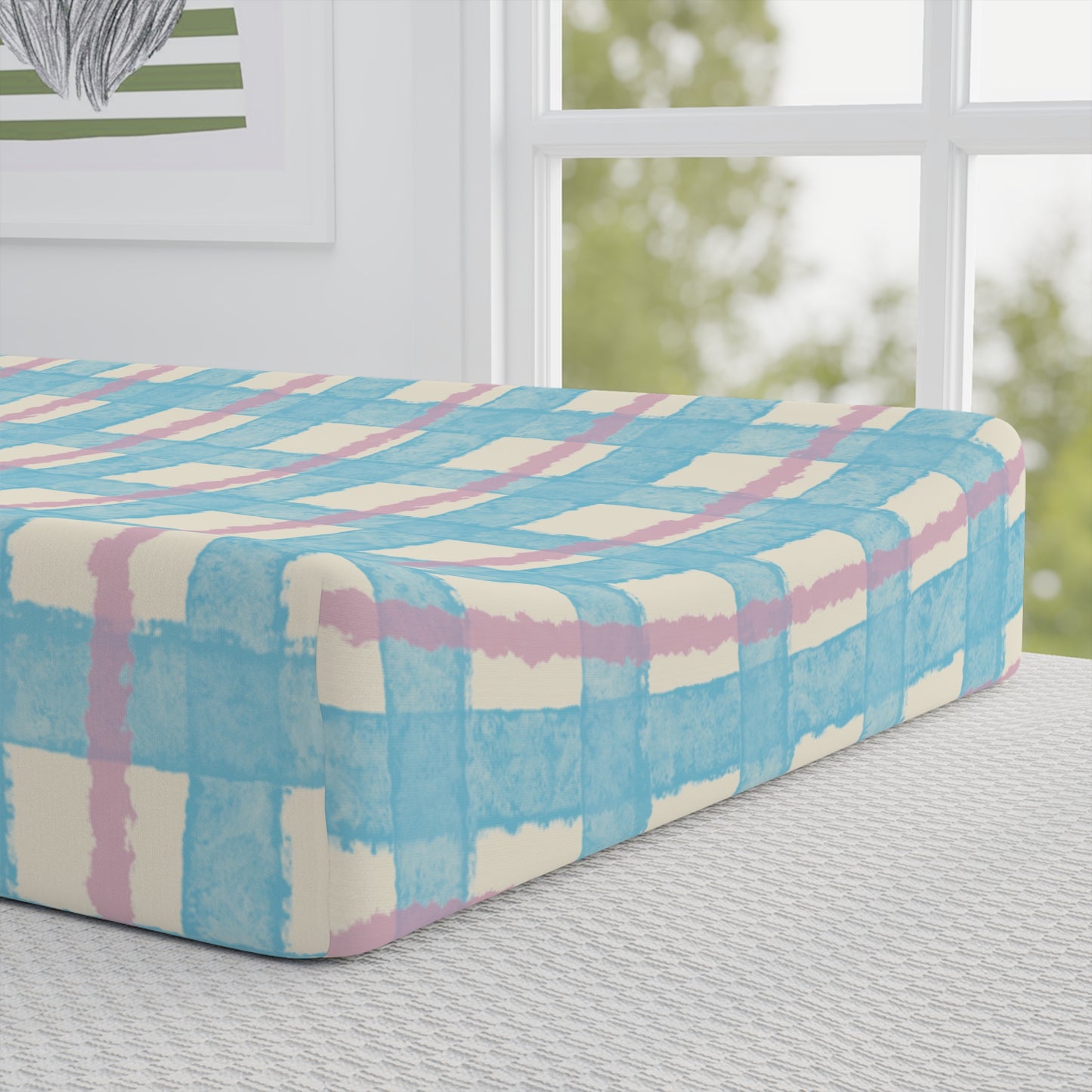 Baby Changing Pad Cover — Cute Blue Elephant Plaid Nursery Protector