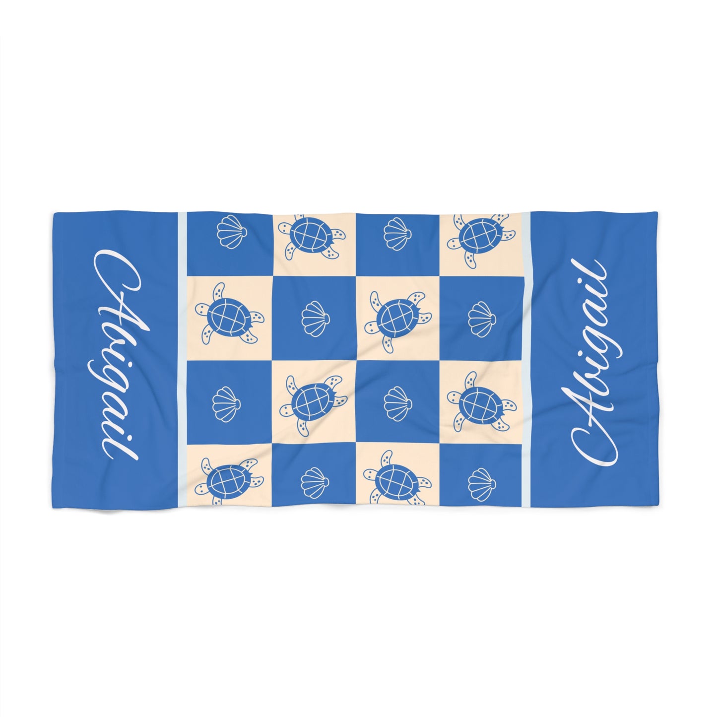 Personalized Abigail Beach Towel – Nautical Sea Turtle & Shell Checkerboard