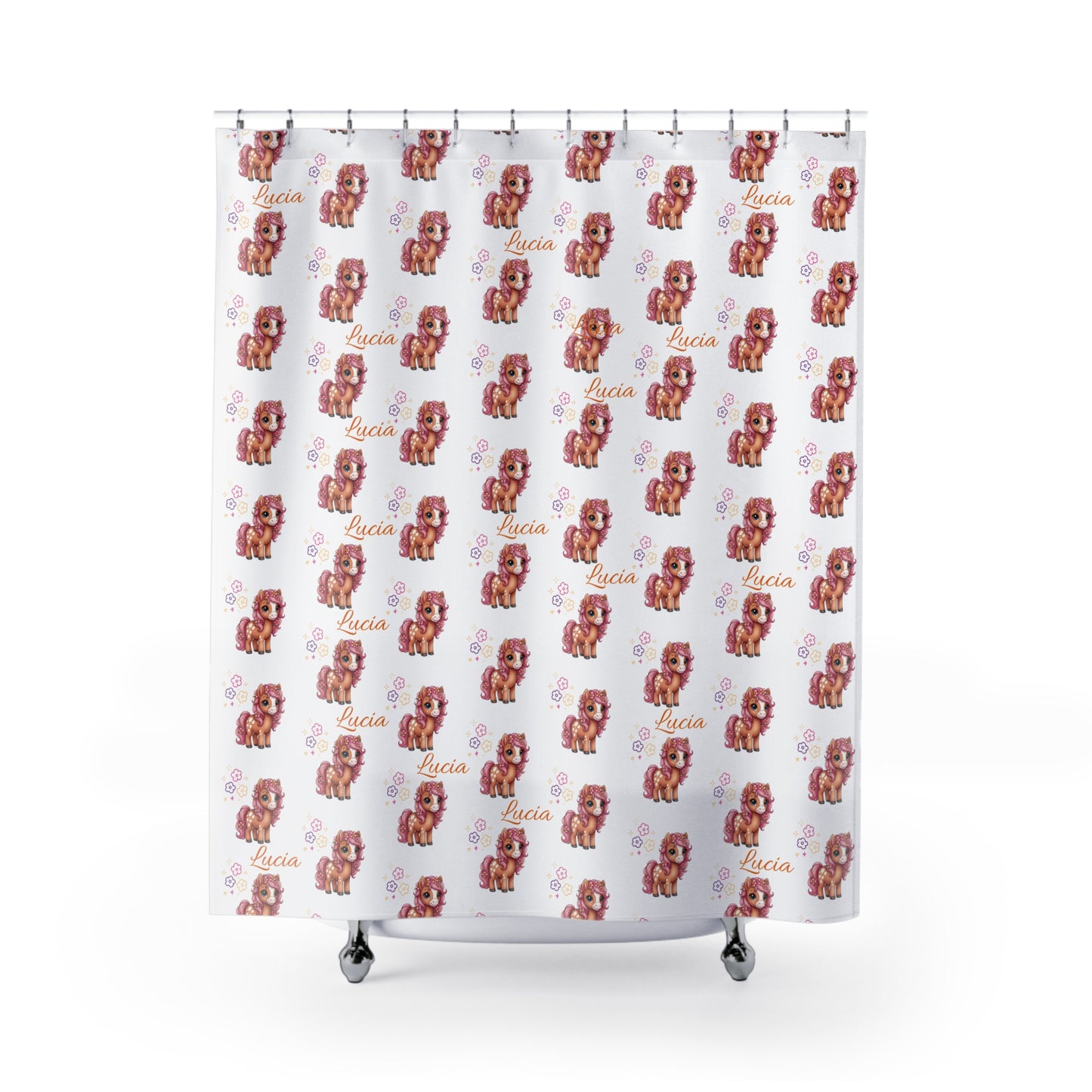 Shower Curtain — Personalized Pink Pony Pattern (Custom Name 'Lucia')