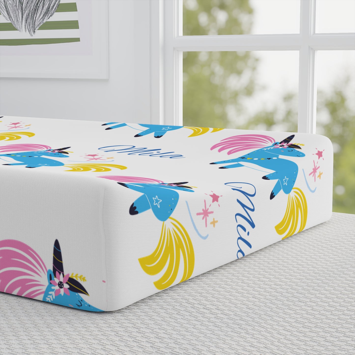 Unicorn Baby Changing Pad Cover — Cute Blue Unicorns with Name 'Mila'