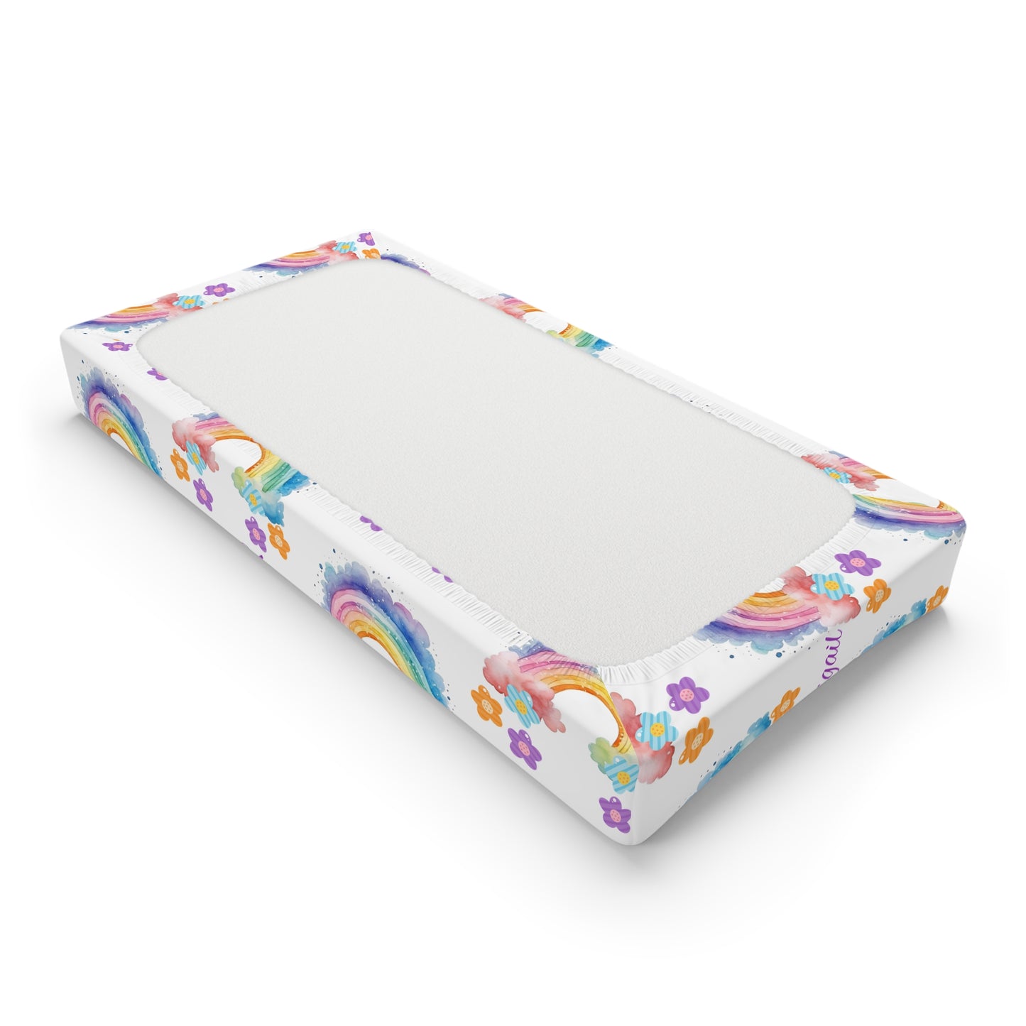 Baby Changing Pad Cover — Watercolor Rainbow Floral Pattern (Personalized Name Option)