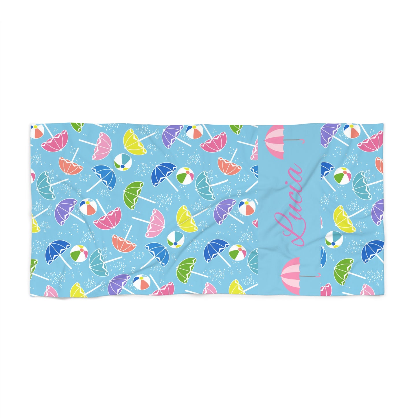 Personalized Blue Beach Towel with Colorful Umbrella & Beach Ball Pattern — Custom Name Option