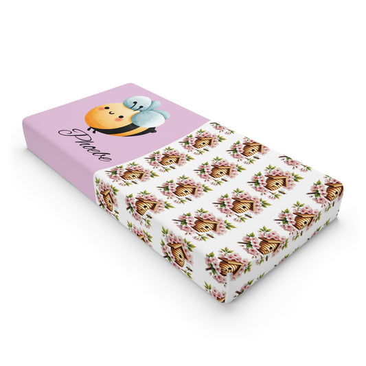 Bee & Birdhouse Baby Changing Pad Cover — Personalized Floral Nursery Accessory
