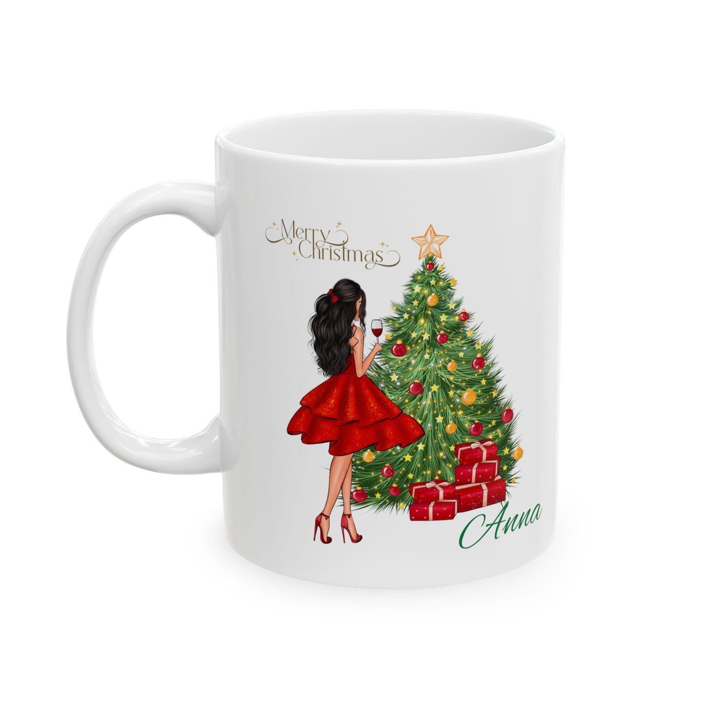 Personalized Christmas Mug – Festive Tree & Girl Illustration (11oz/15oz)