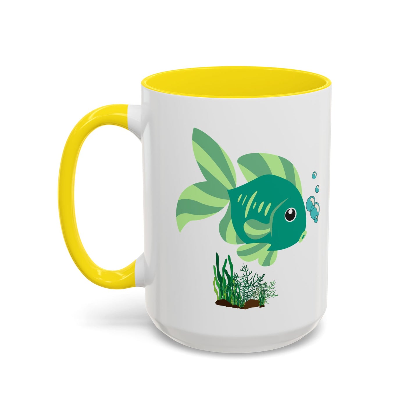 Green fish with bubbles and aquatic plants Coffee Mug