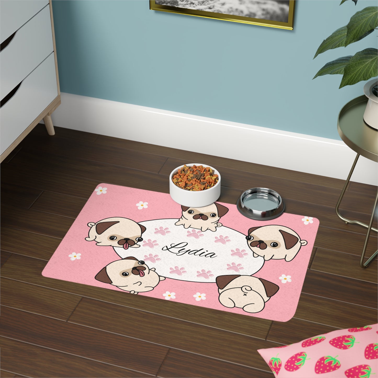 Personalized Pink Pug Pet Food Mat (12x18) — Custom Name Dog Feeding Placemat