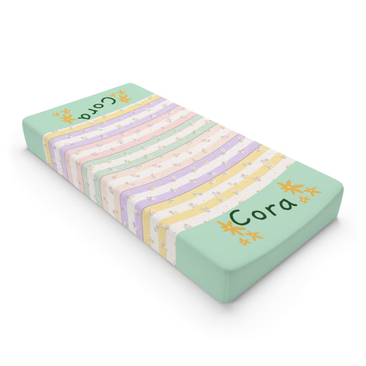 Personalized Floral Name Baby Changing Pad Cover — Pastel Striped Nursery Protector