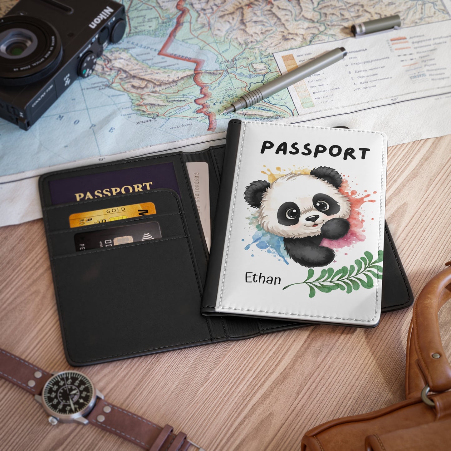 Personalized Panda Passport Cover — Cute Watercolor Baby Panda Travel Document Holder (Custom Name)