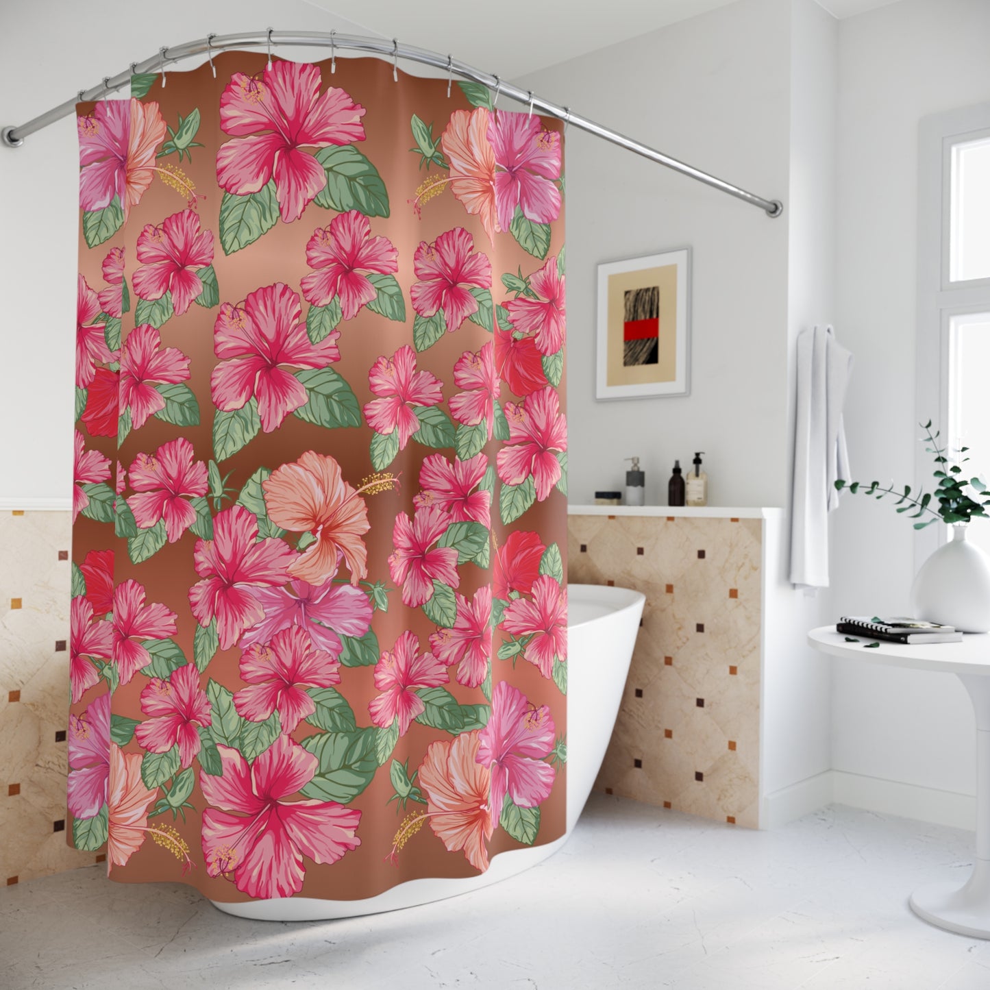 Tropical Hibiscus Shower Curtain — Pink Floral Bathroom Decor