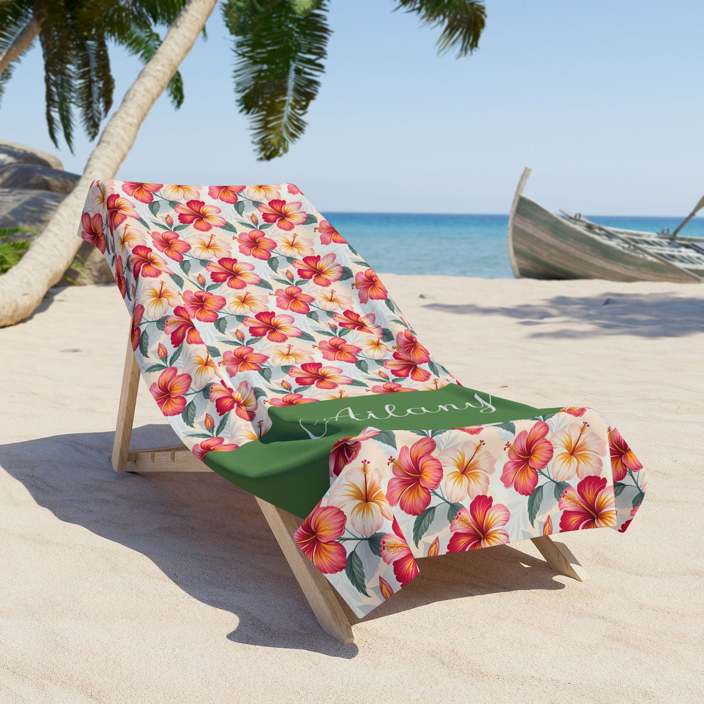 Personalized Floral Beach Towel — Tropical Hibiscus Print with Name Strip