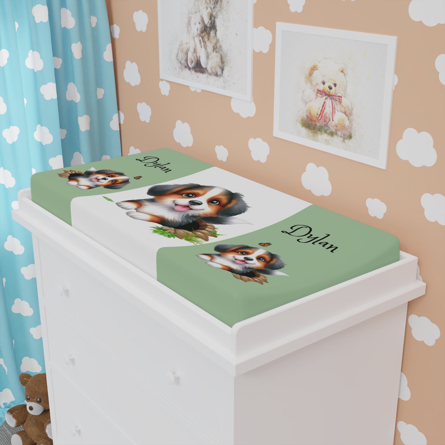 Personalized Puppy Baby Changing Pad Cover — Cute Australian Shepherd Design, Custom Name Option