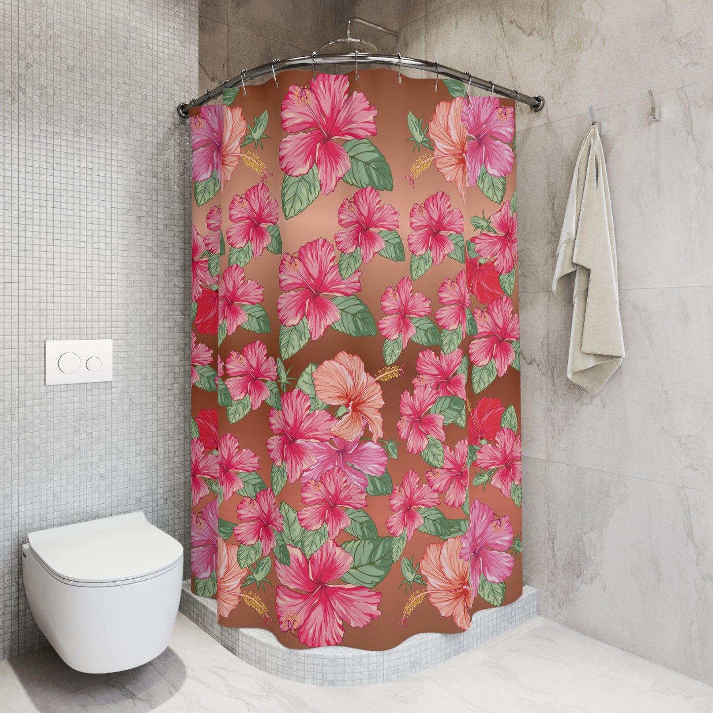 Tropical Hibiscus Shower Curtain — Pink Floral Bathroom Decor