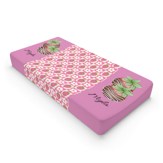 Pink Floral Strawberry Changing Pad Cover — Personalized Baby Nursery Accessory