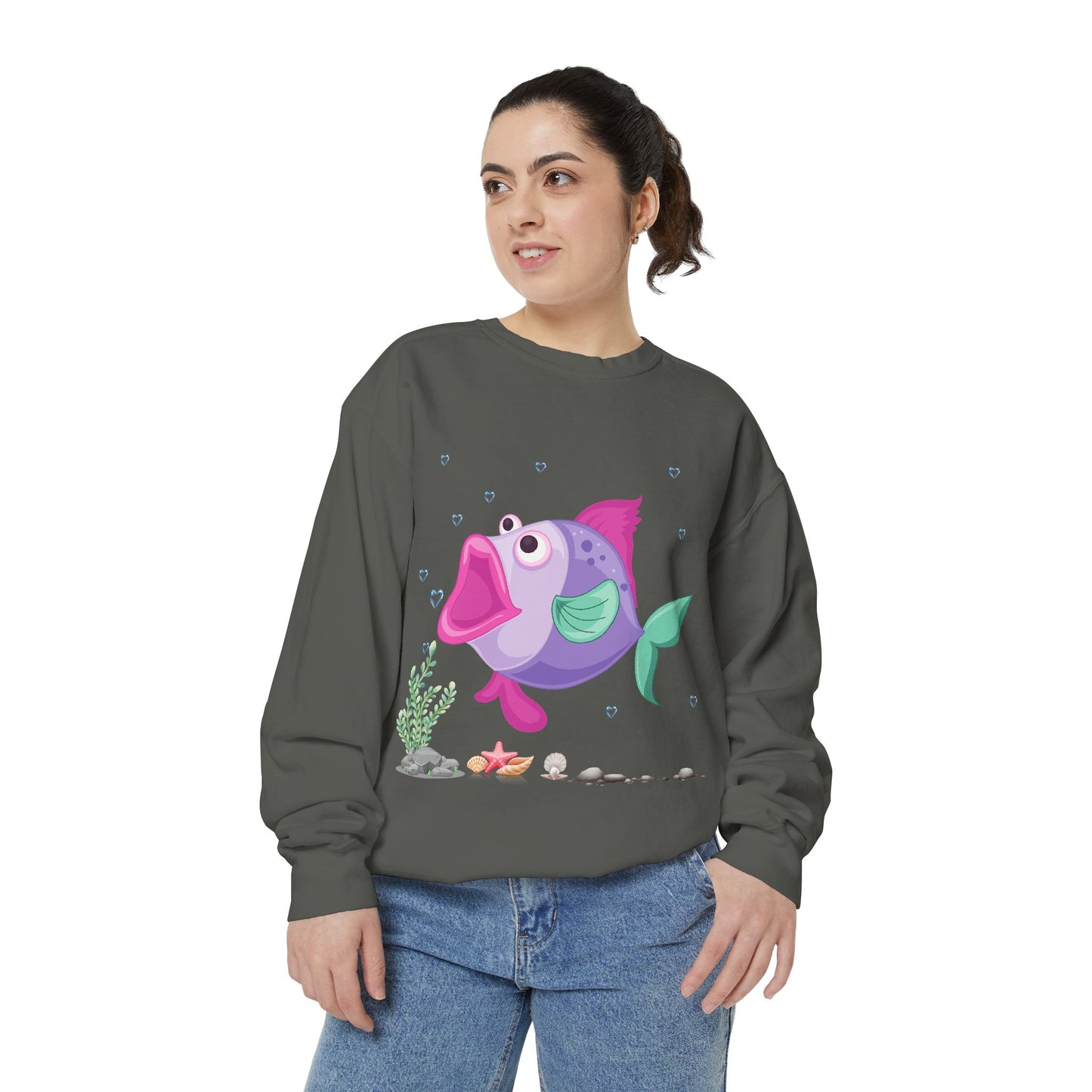 Fish with open mouth bubbles and underwater flora Unisex Garment-Dyed Sweatshirt