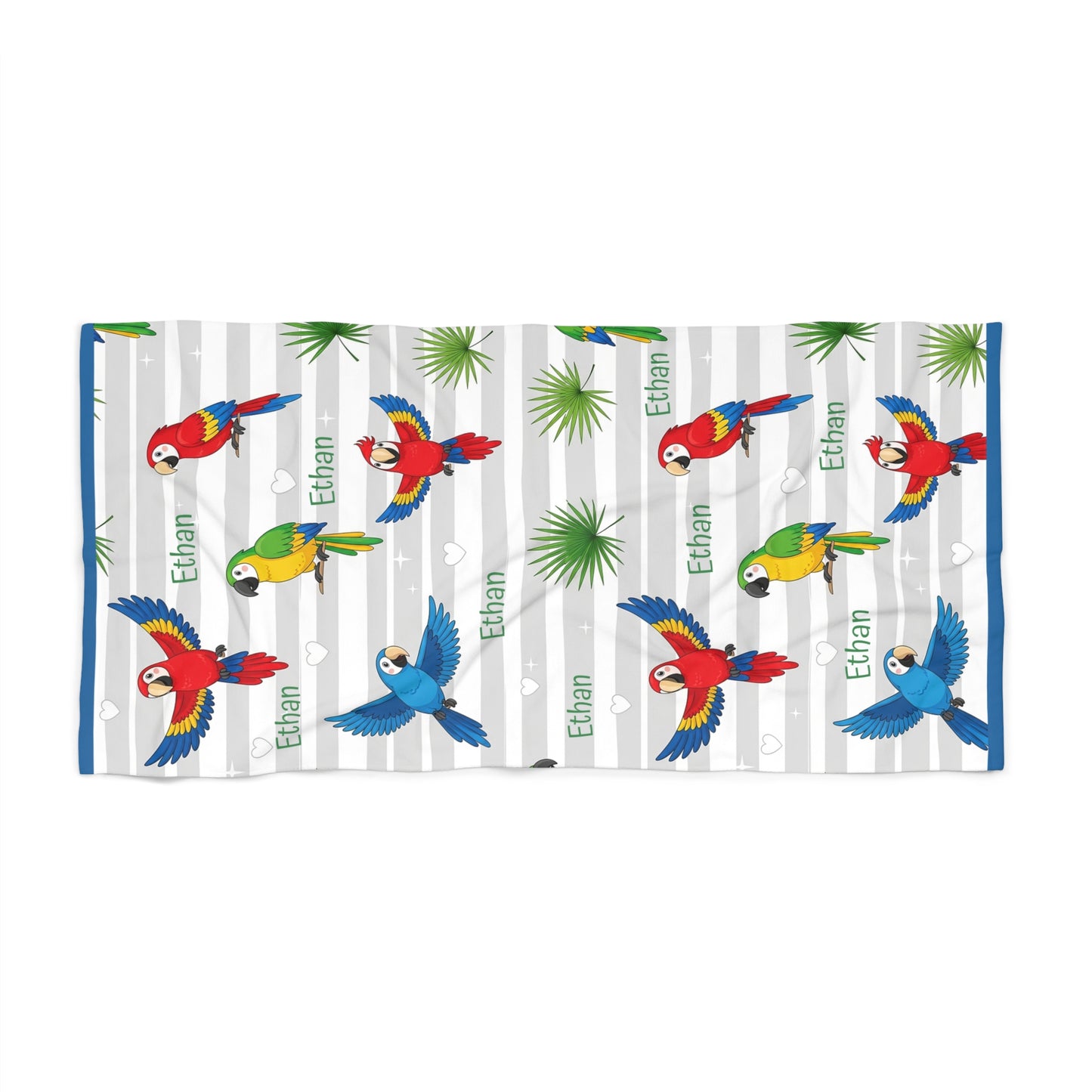 Personalized Parrot Beach Towel — Tropical Palm Stripe Design (Custom Name)