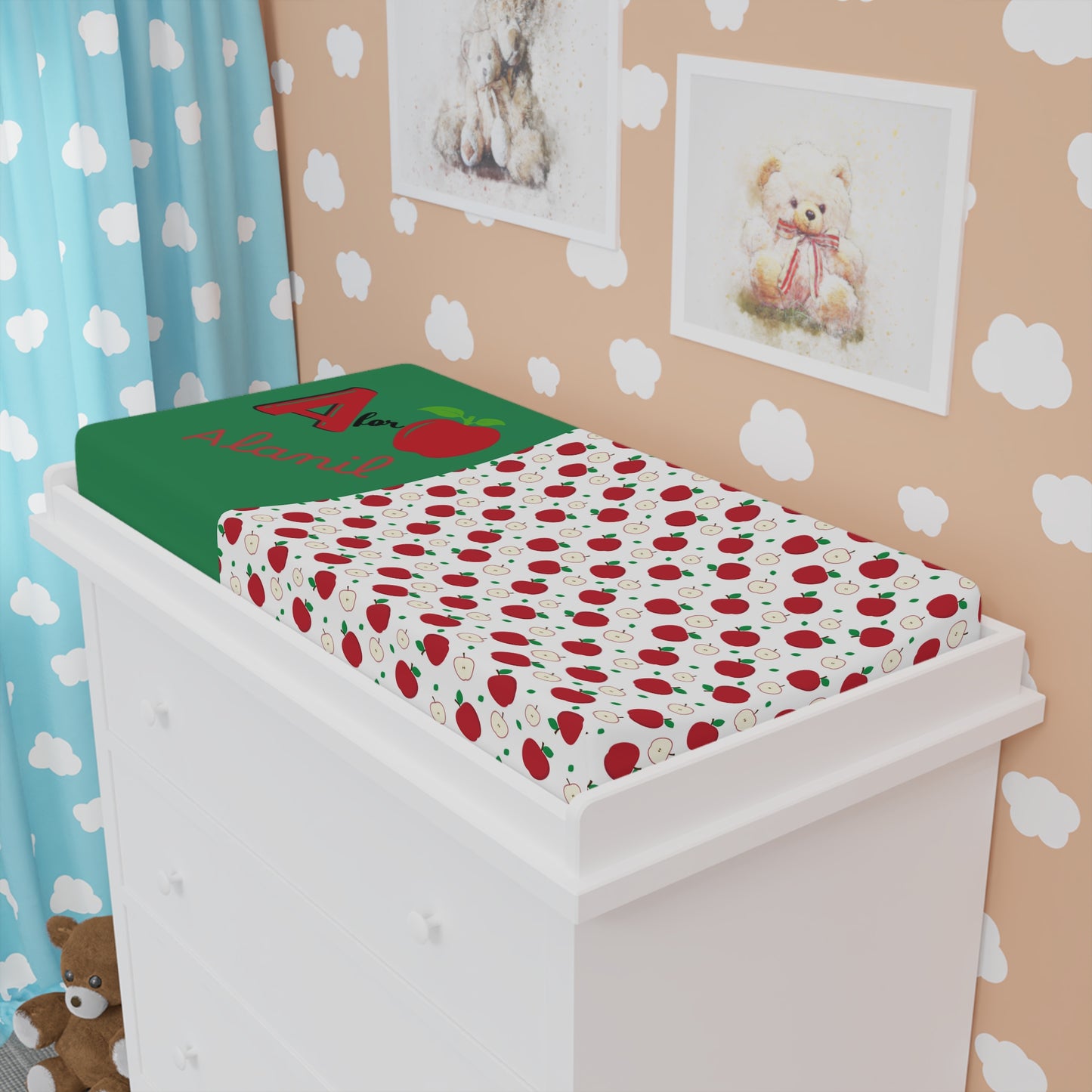Apple Print Baby Changing Pad Cover — 'A for Adorable' Personalized Nursery Accent