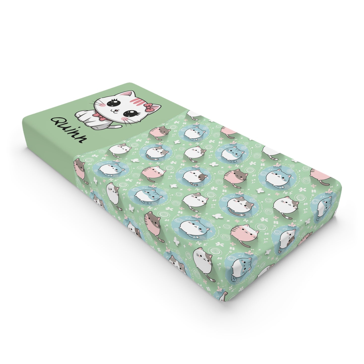 Baby Changing Pad Cover — Cute Pastel Cat Pattern with Custom Name