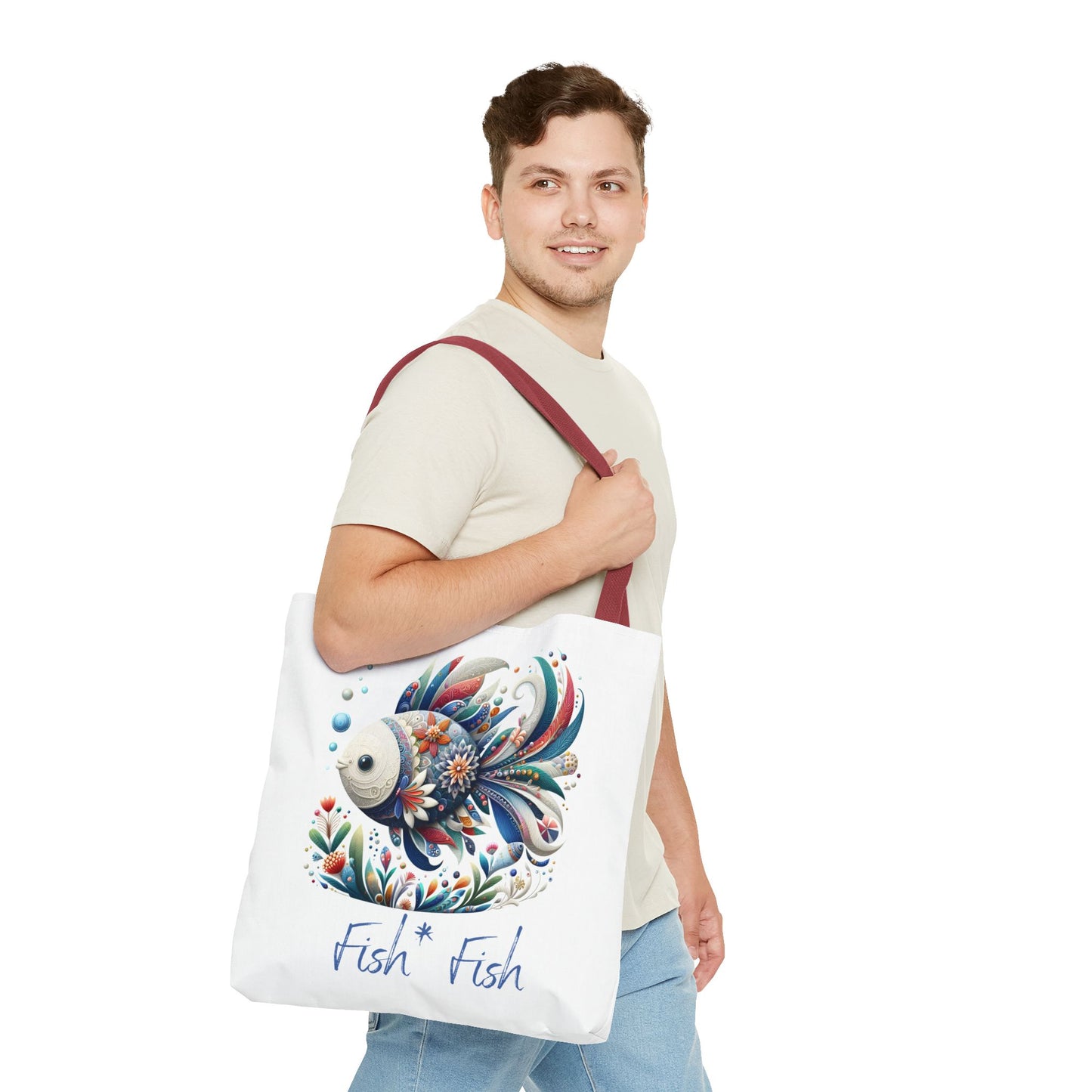 Floral Fish Tote Bag — Colorful Whimsical "Fish Fish" Canvas Tote
