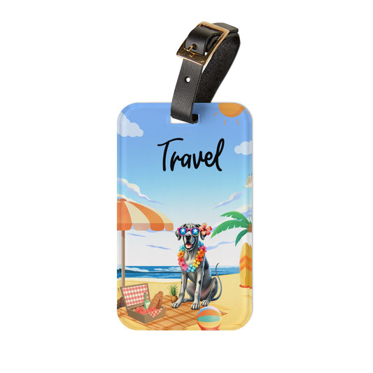 Travel Luggage Tag — Beach Dog Design with 'Travel' Text, Tropical Vacation Identifier