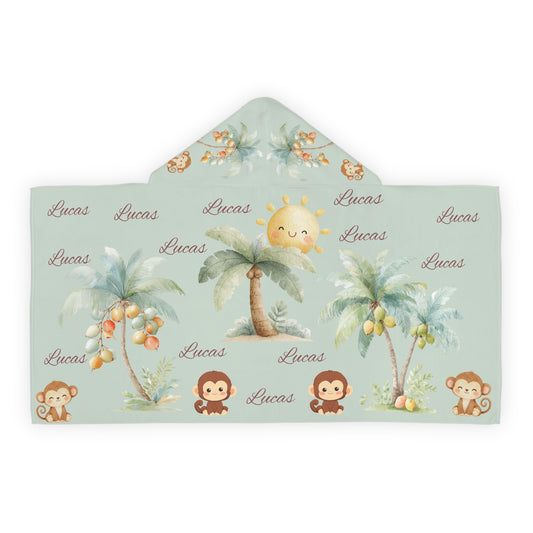 Hooded Towel — Personalized Tropical Monkey Kids Beach & Bath Towel (Custom Name "Lucas")