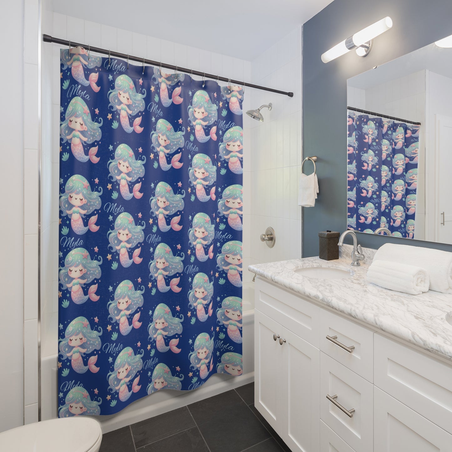 Cute Pastel Mermaid Shower Curtain — Kids Bathroom Nautical Decor