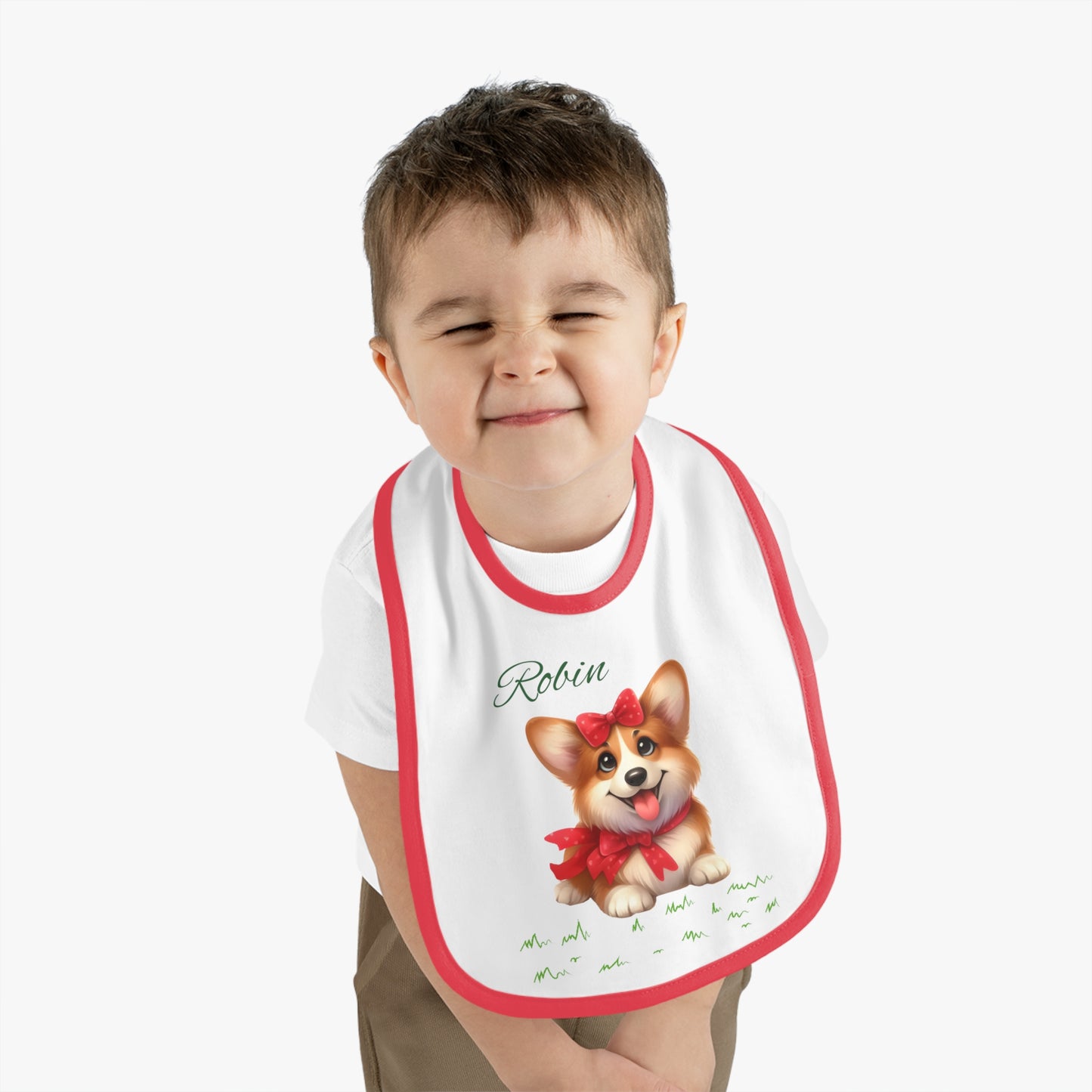 Personalized Corgi Baby Bib — Custom Name Contrast-Trim Jersey Bib