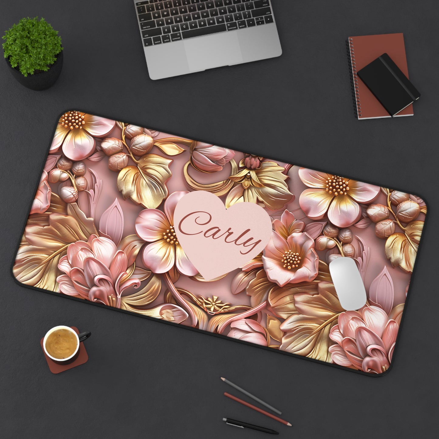 Personalized Floral Desk Mat — Rose Gold Heart Name Desk Pad