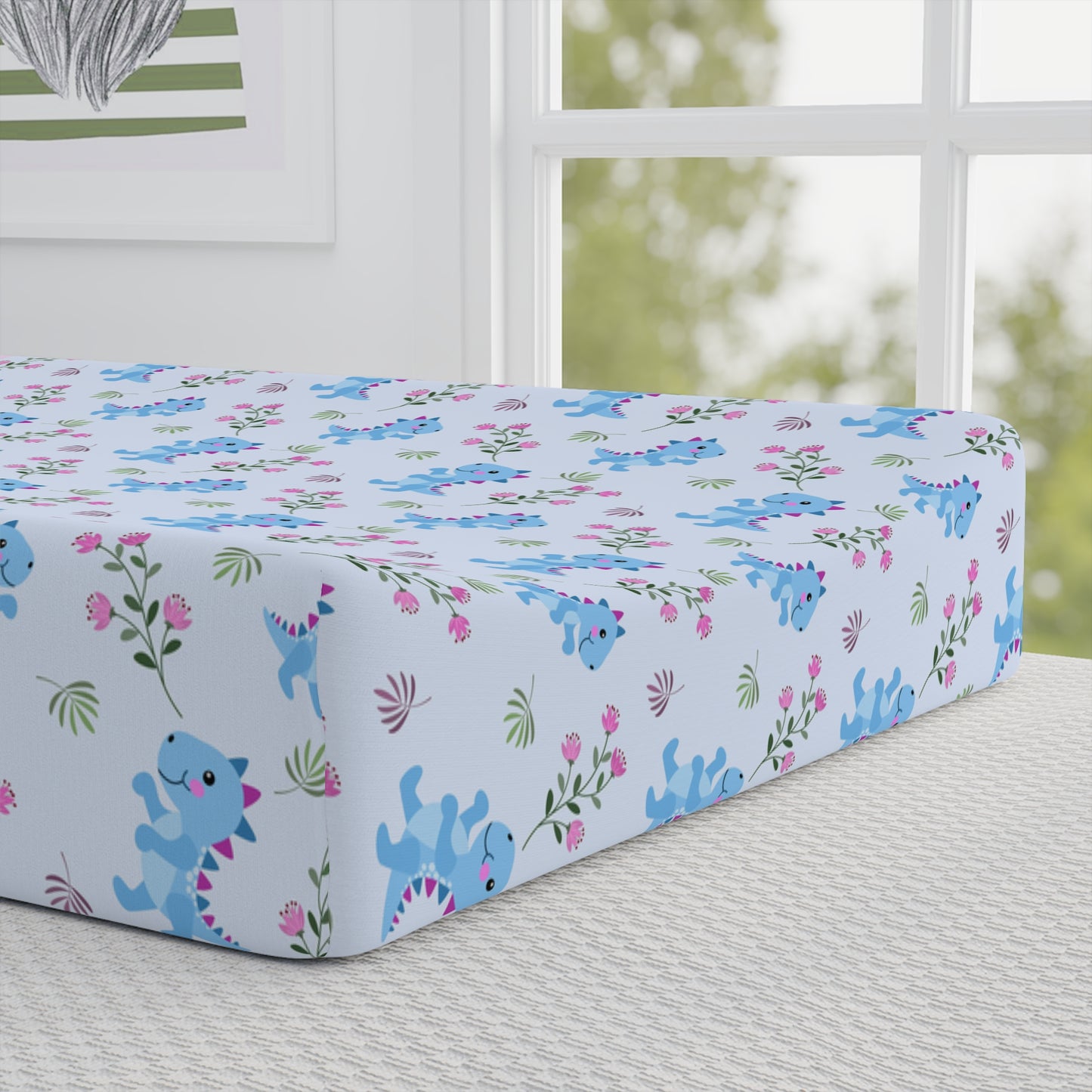 Floral Blue Dinosaur Baby Changing Pad Cover — Personalized Name Option