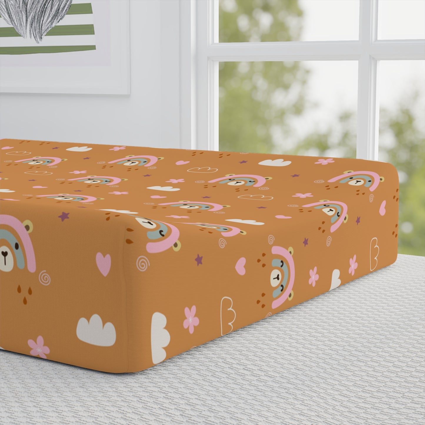 Personalized Baby Changing Pad Cover – Floral Teddy & Rainbow Print