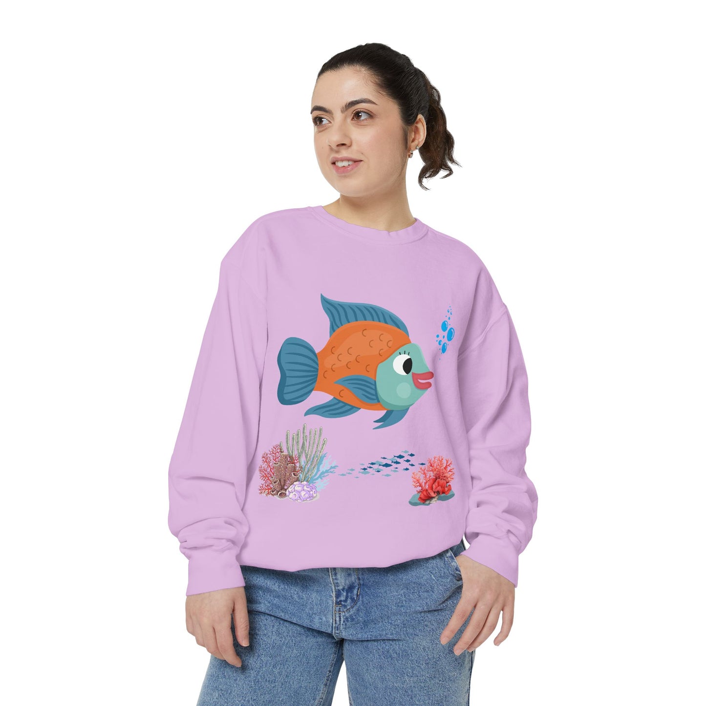 Orange and blue fish with coral and bubble Unisex Garment-Dyed Sweatshirt