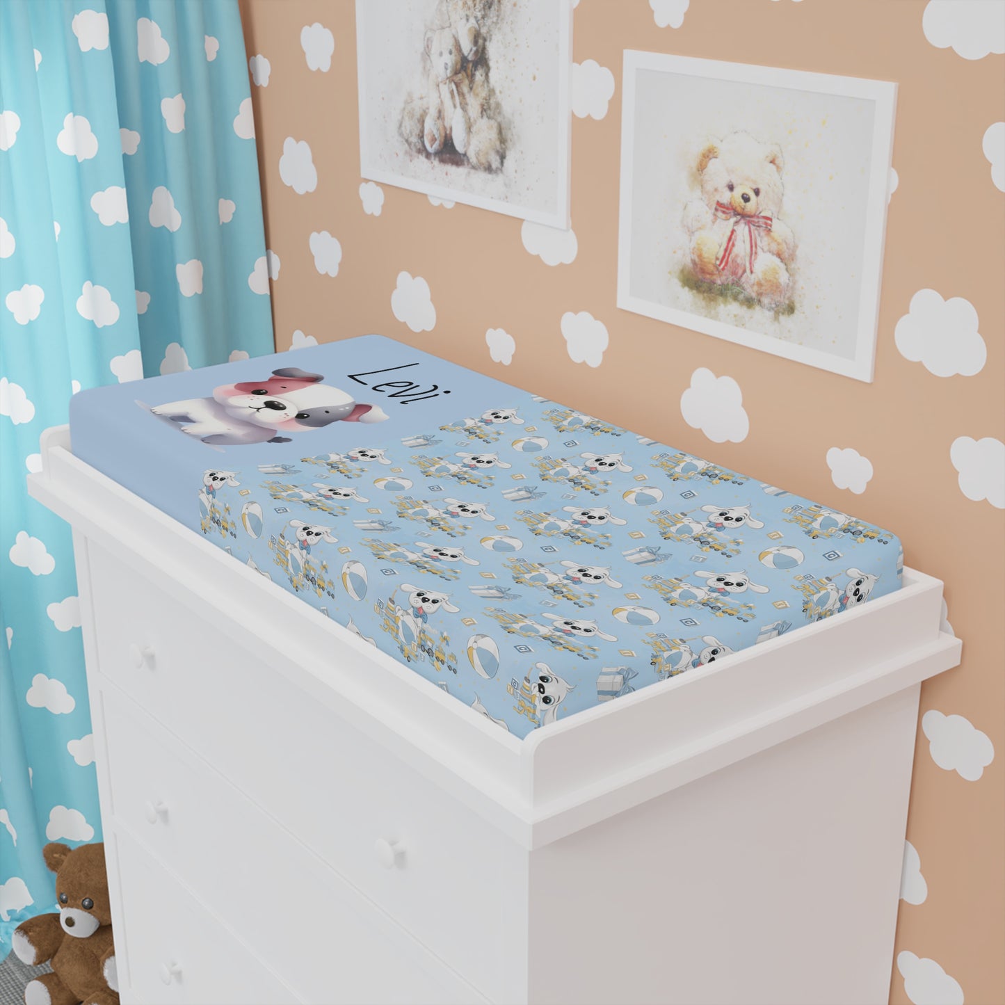 Personalized Blue Puppy Baby Changing Pad Cover — Custom Name Nursery Accessory