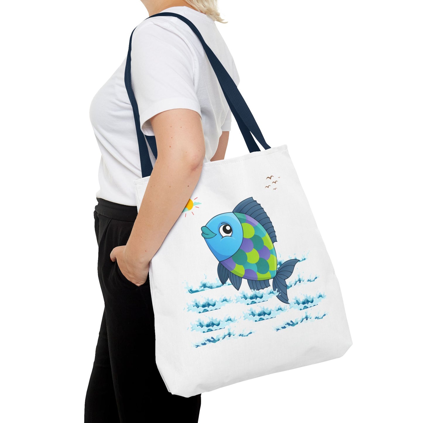 Fish with a sun and birds in the sky above water Tote Bag
