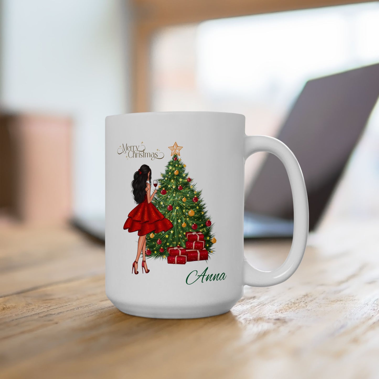 Personalized Christmas Mug – Festive Tree & Girl Illustration (11oz/15oz)