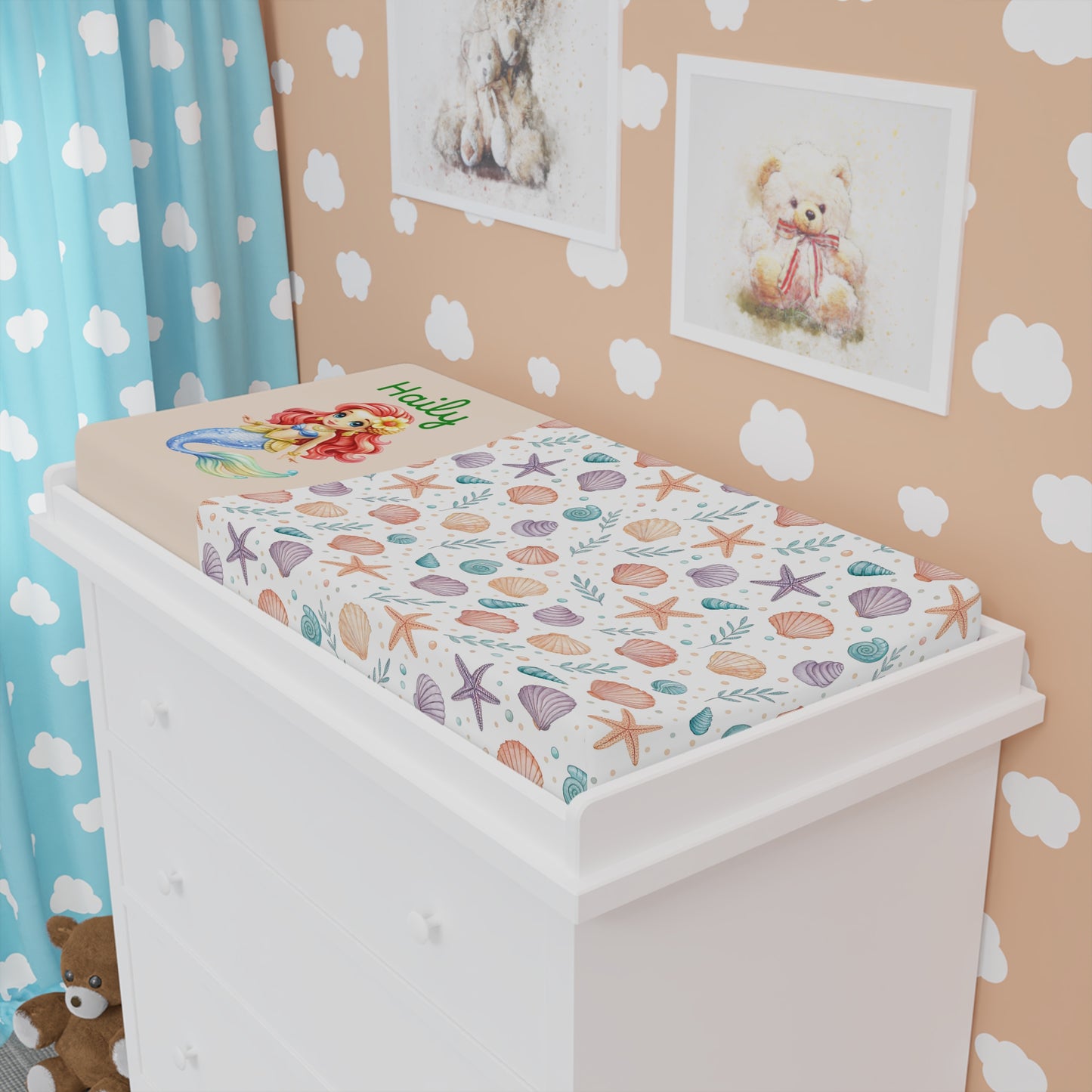 Mermaid Seashell Baby Changing Pad Cover – Personalized Nursery Waterproof Fitted Sheet