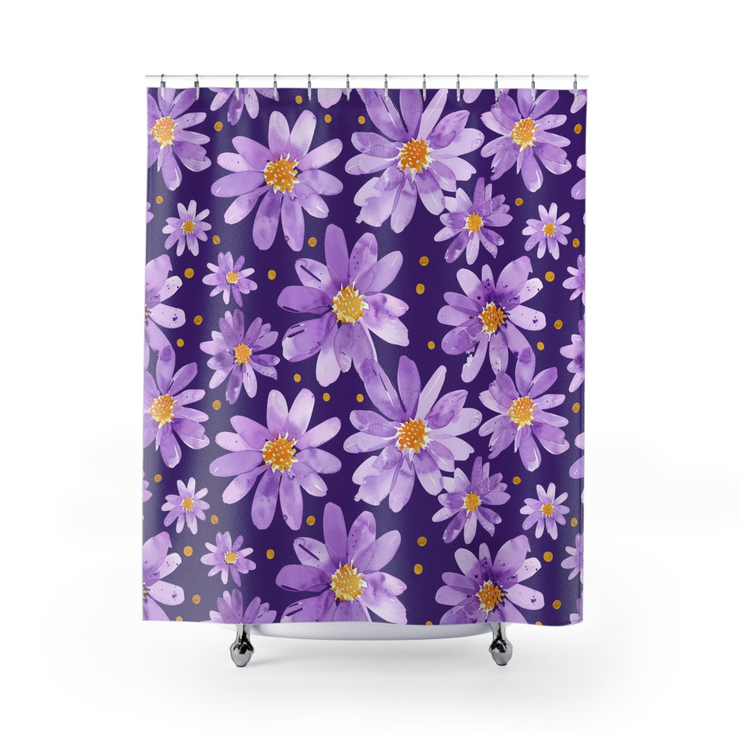 Purple Daisy Floral Shower Curtain — Vibrant Lavender Flowers on Deep Plum Background