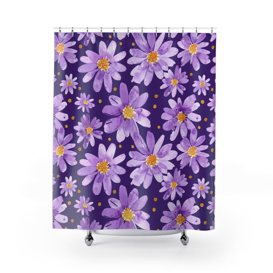 Purple Daisy Floral Shower Curtain — Vibrant Lavender Flowers on Deep Plum Background
