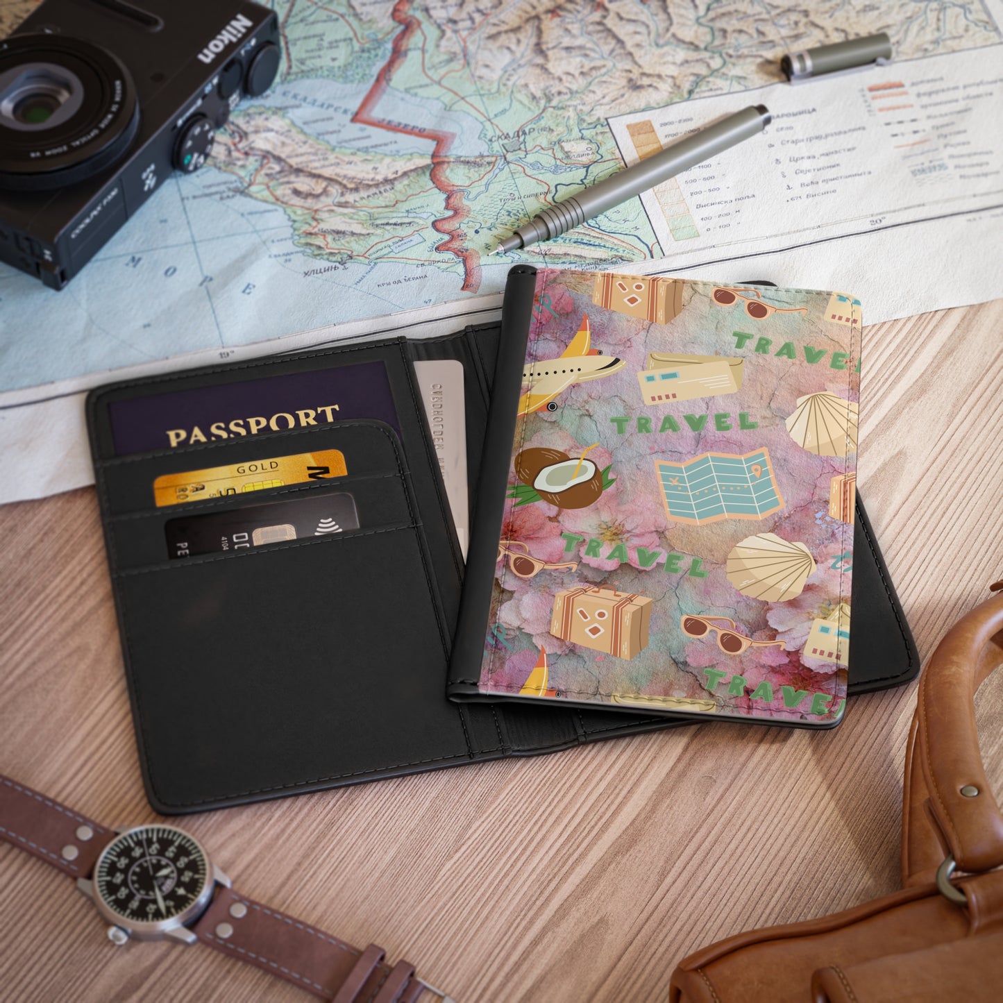 Travel Passport Cover – Tropical Vacation Icons (Plane, Map, Coconut, Seashells, 'TRAVEL' Print)