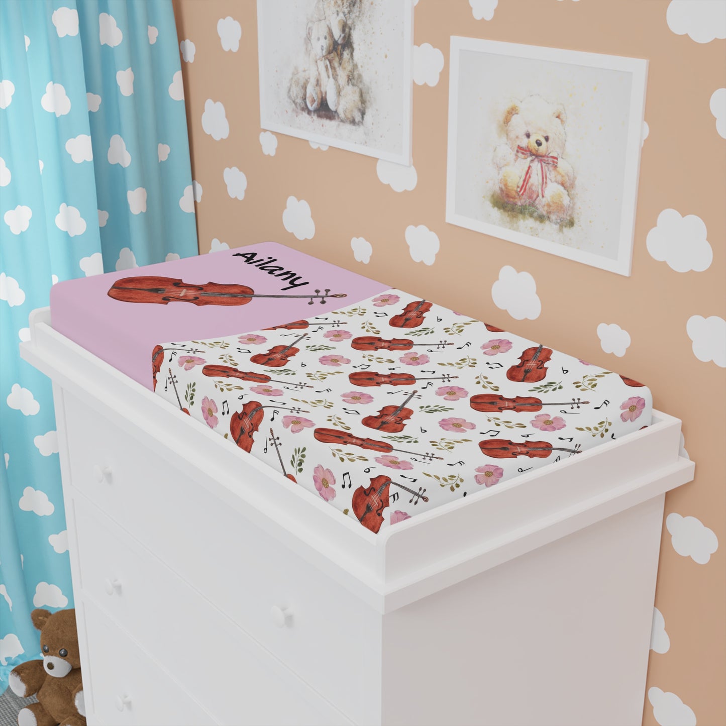Violin Floral Baby Changing Pad Cover — Personalized Name Option