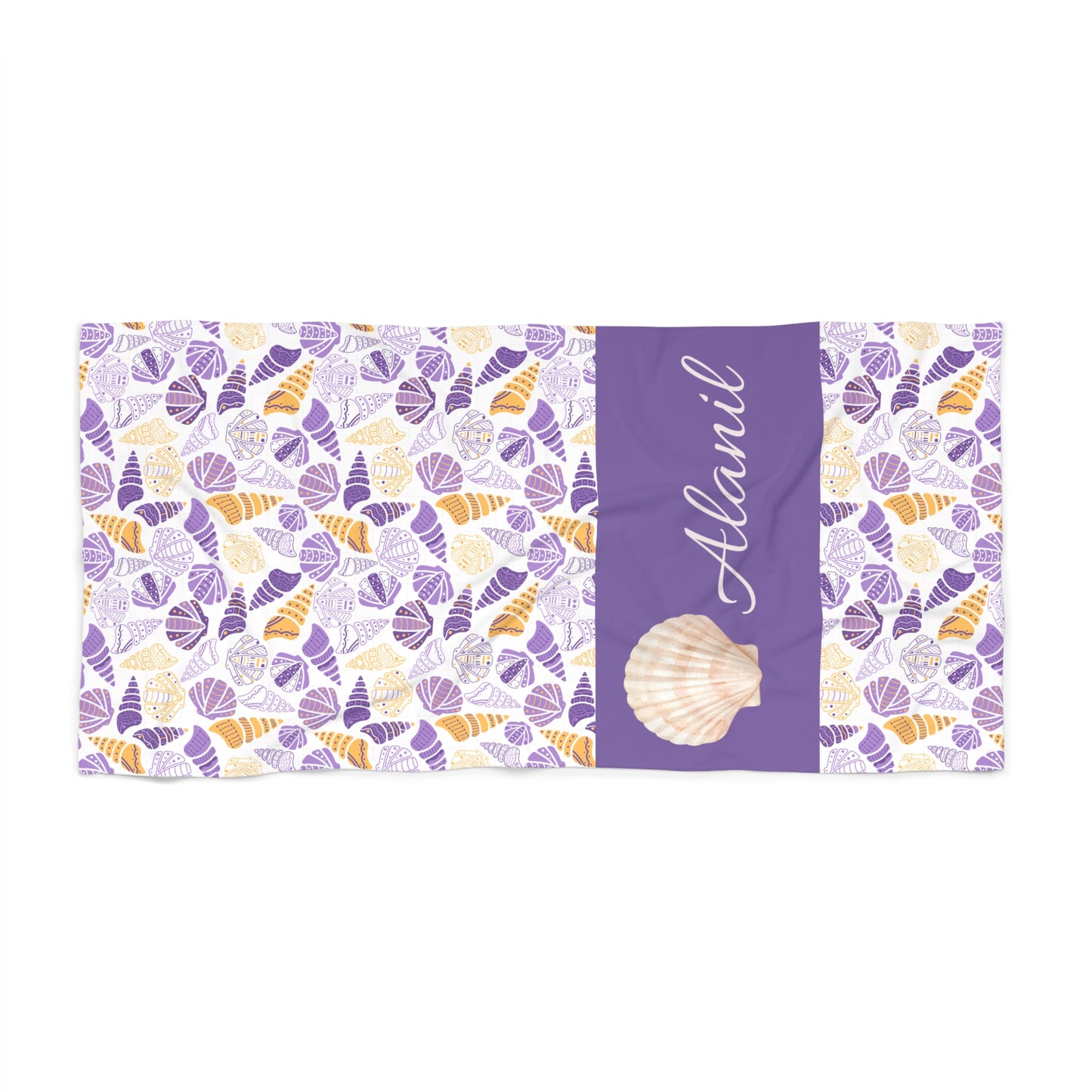 Personalized Purple Seashell Beach Towel — Custom Name Tropical Shell Pattern