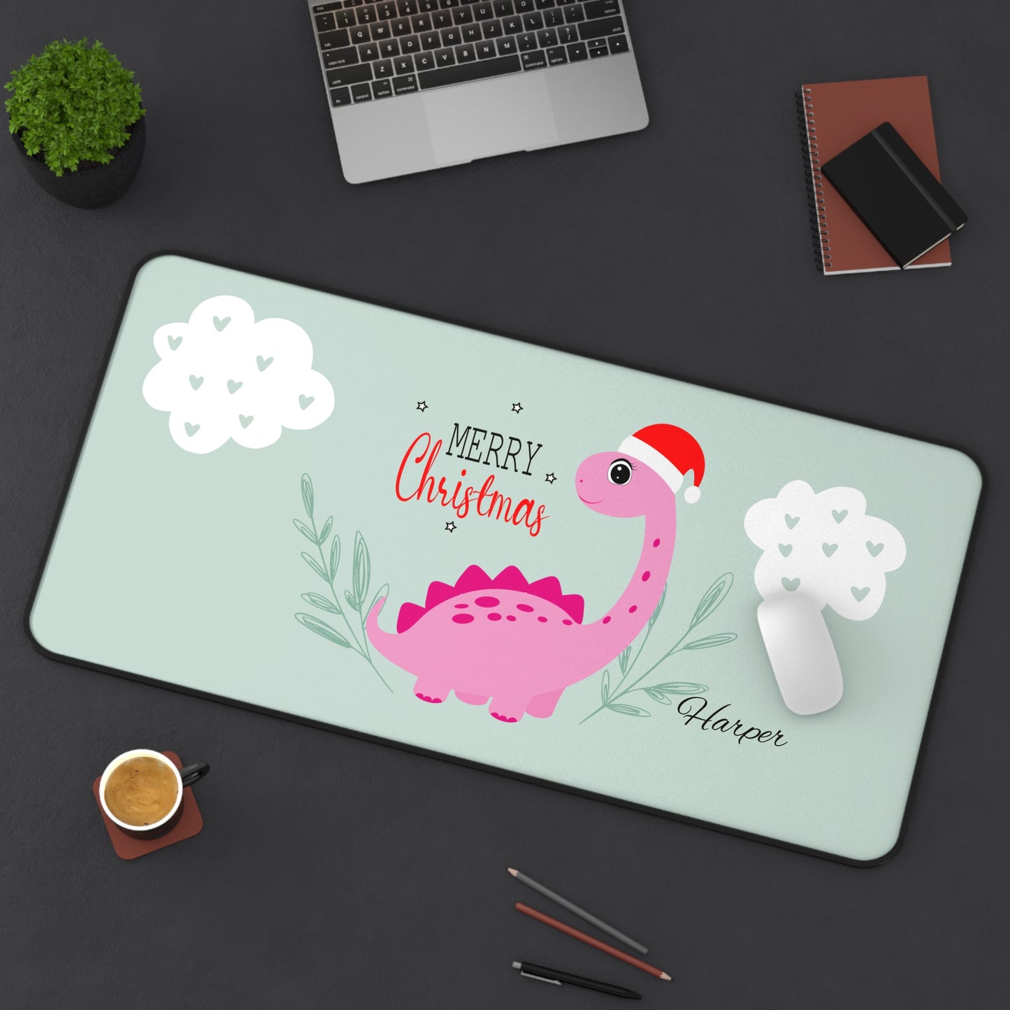 Dinosaur Christmas Desk Mat - Personalized Cute Desk Accessories, Home Office Gift, Playful Holiday Decor, Fun Kids Room Addition