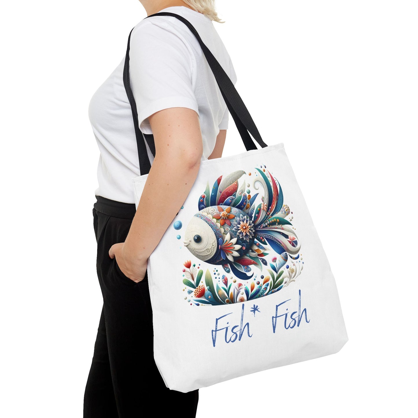 Floral Fish Tote Bag — Colorful Whimsical "Fish Fish" Canvas Tote