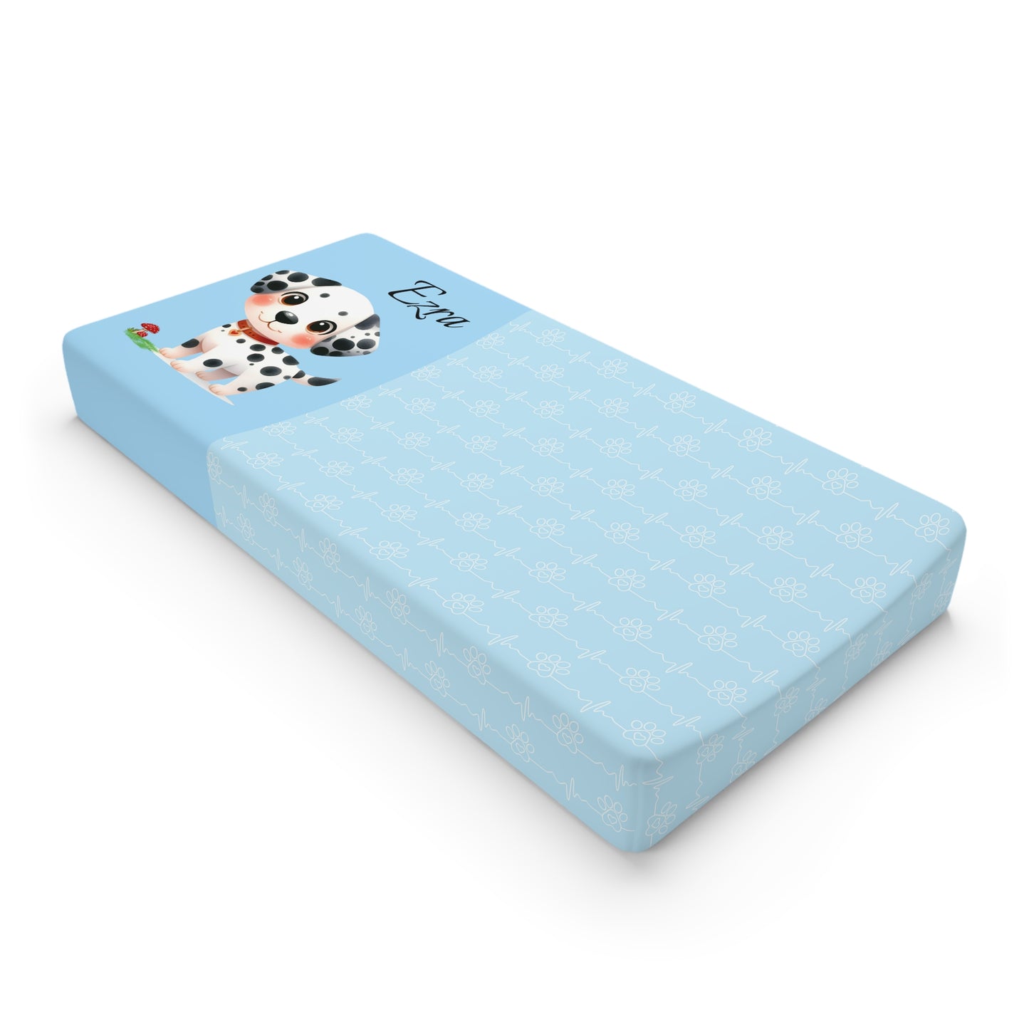 Blue Dalmatian Baby Changing Pad Cover — Personalized "Evan" Nursery Accessory
