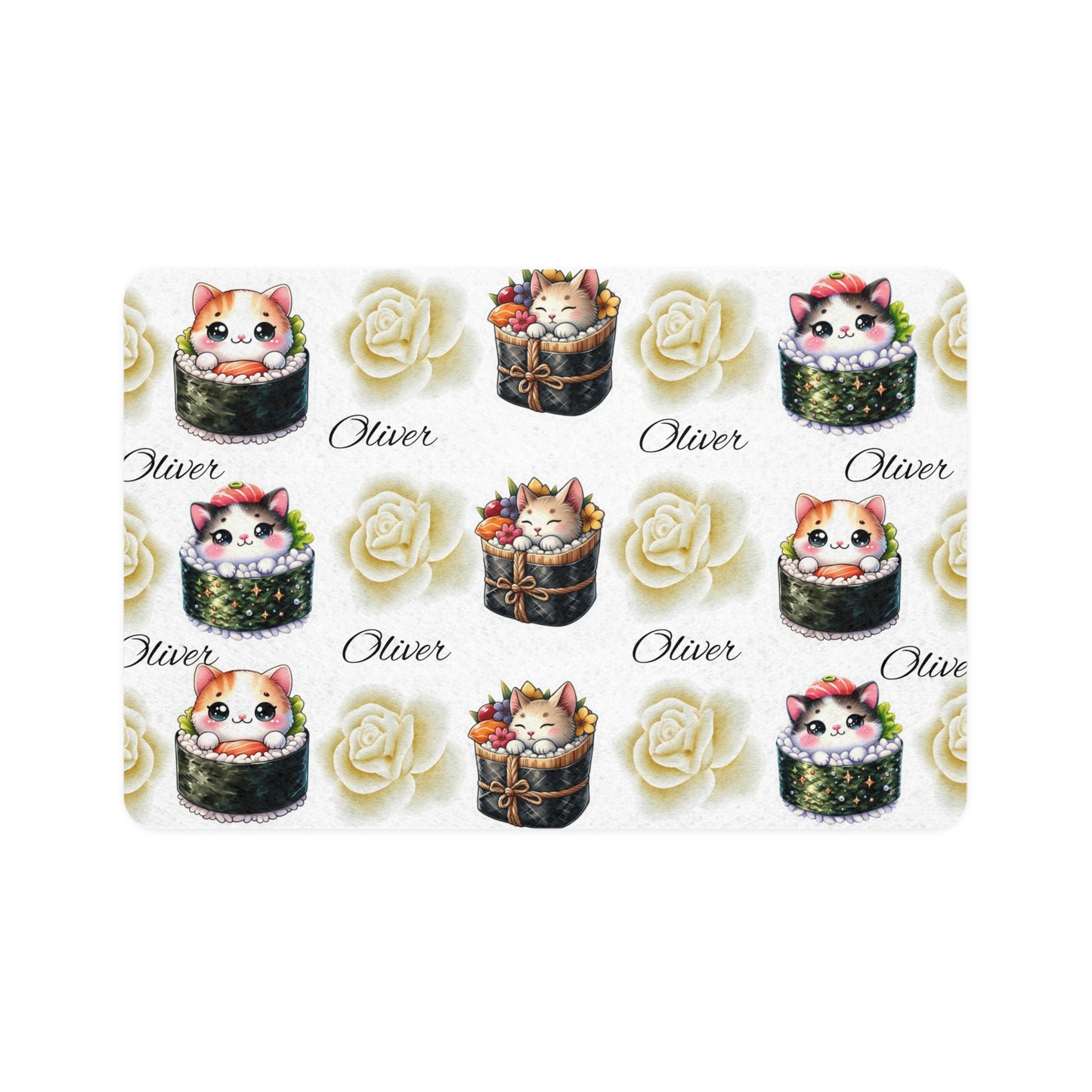 Personalized Cat Sushi Pet Food Mat (12x18) — Cute Name 'Oliver' Design