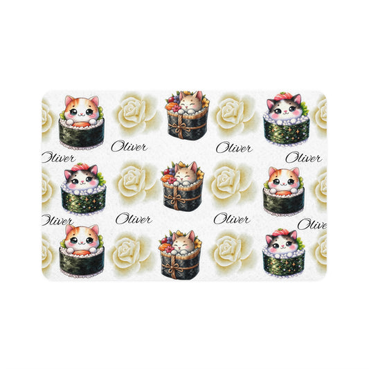 Personalized Cat Sushi Pet Food Mat (12x18) — Cute Name 'Oliver' Design