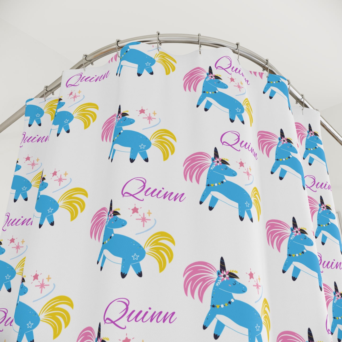 Unicorn Name Shower Curtain — Personalized "Quinn" Kids Bath Decor