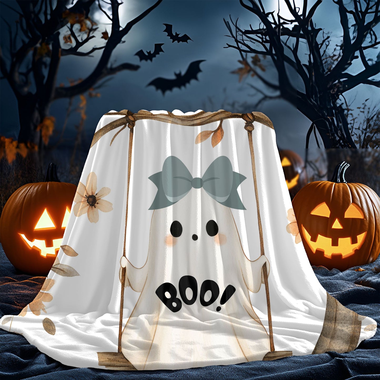 Cozy Halloween Velveteen Plush Blanket, Soft Throw for Fall Decor, Boo Ghost Design, Perfect for Movie Nights & Gifts