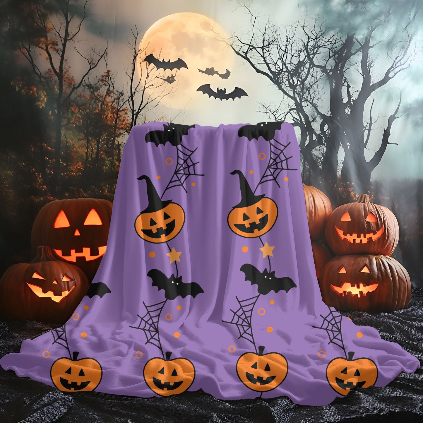 Halloween Velveteen Plush Blanket, Cozy Throw for Fall, Pumpkin and Bat Decor, Perfect for Spooky Season, Couch Blanket