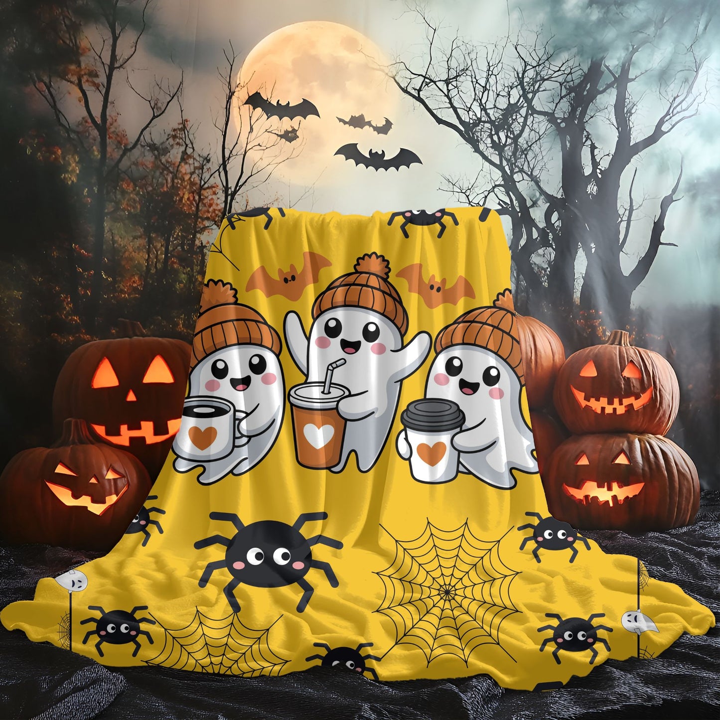 Cozy Halloween Velveteen Plush Blanket for Spooky Nights, Ghosts and Spiders Design, Perfect for Fall Decor, Gift, and Movie Nights