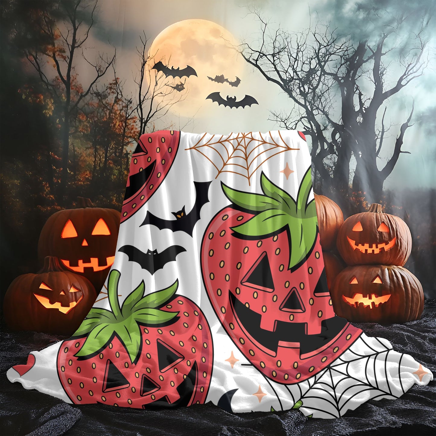 Halloween Strawberry Plush Blanket, Cozy Throw for Fall Decor, Cute Halloween Gift, Spooky Seasonal Blanket, Warm Home Accessory