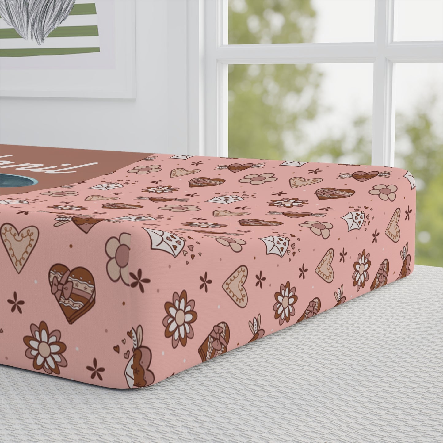 Personalized Pink Chick Baby Changing Pad Cover – Cute Floral & Heart Pattern